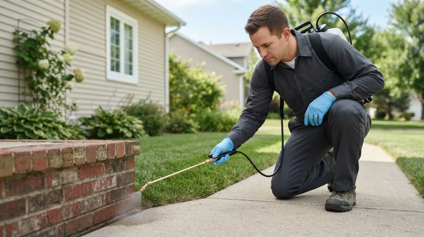 Pest control technician treating a home near Eleva, WI